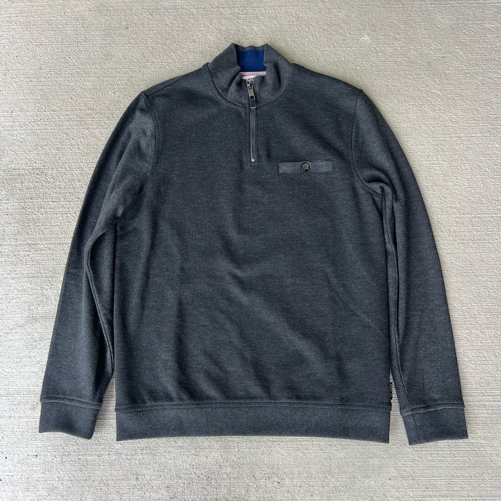 Ted Baker Men's 1/2 Zip Sweater XL Gray Viscose Cotton Wool Blend Pullover